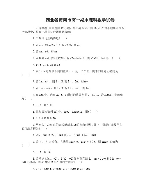 湖北省黄冈市高一期末文理科数学试卷