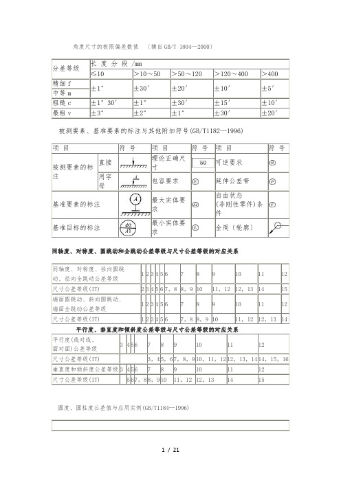 角度尺寸的极限偏差数值