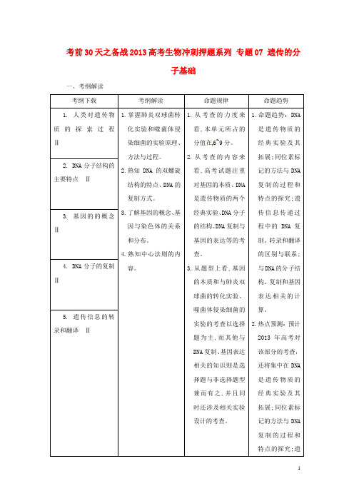 高考生物 考前30天冲刺押题系列 专题07 遗传的分子基础