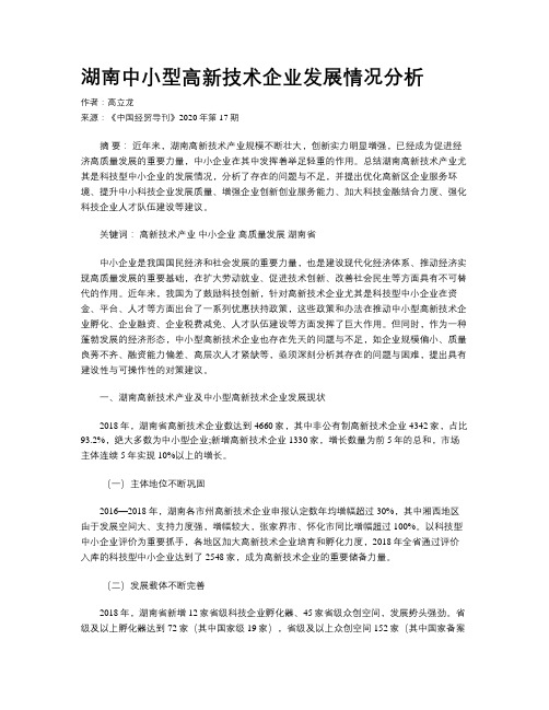 湖南中小型高新技术企业发展情况分析