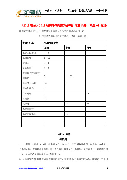 无锡新领航教育特供：2013届高考物理三轮押题 精品冲刺训练 专题08 磁场