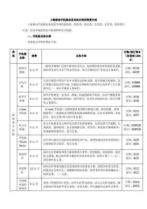 上海移动手机报业务具体分类和资费介绍