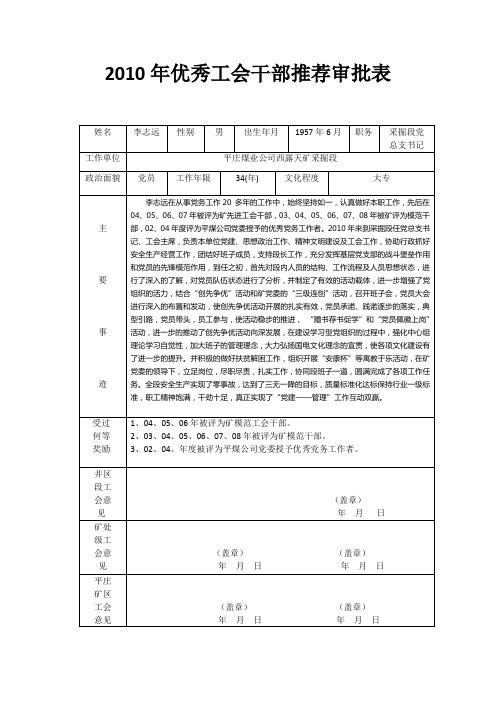 2010局优秀工会干部表