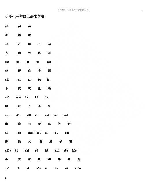 人教版小学生一年级上册生字表(含注音和不注音)