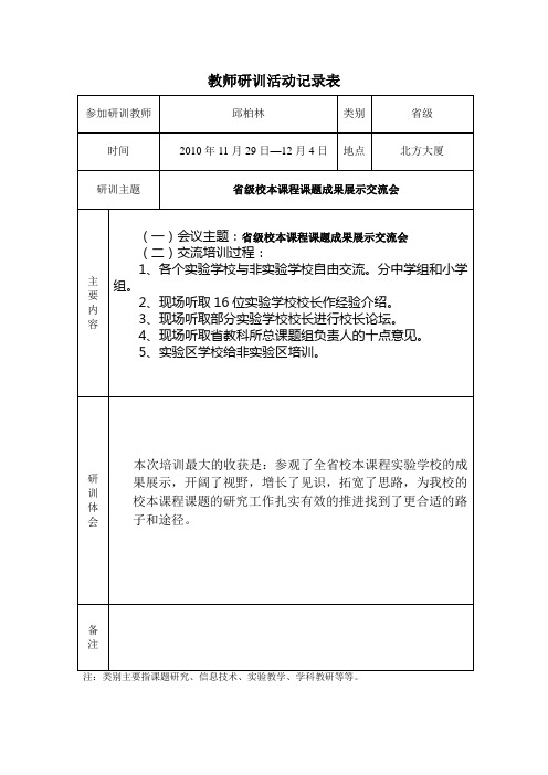 10年12月省级校本课程成果展示交流会邱柏林教师研训活动记录