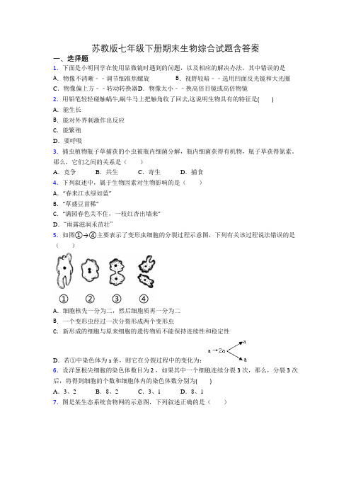 苏教版七年级下册期末生物综合试题含答案