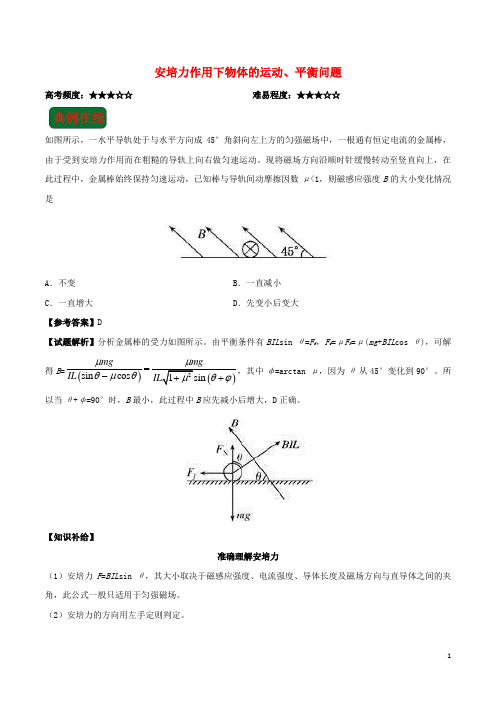 2018年高考物理安培力作用下物体的运动、平衡问题复习练习