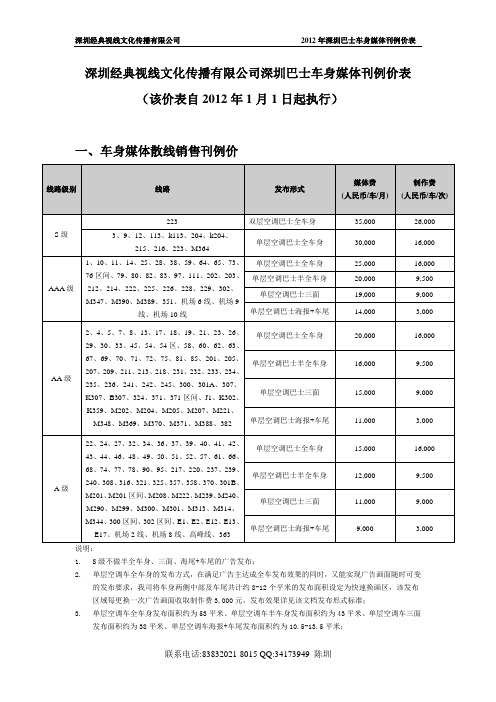 深圳2012深圳巴士车身媒体刊例价表