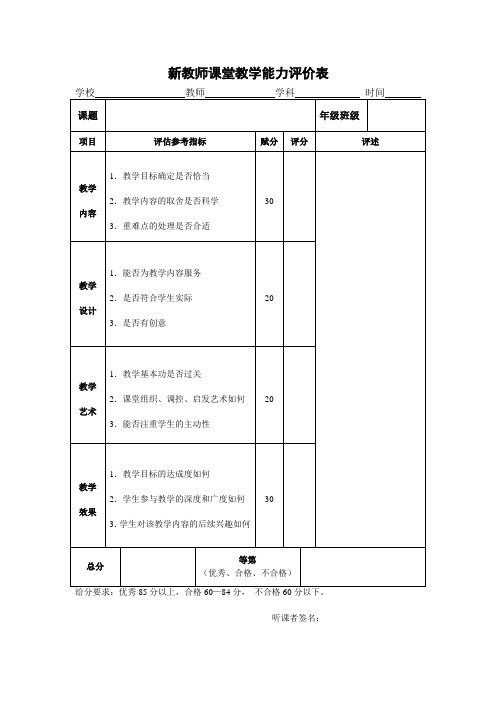 新教师课堂教学能力评价表