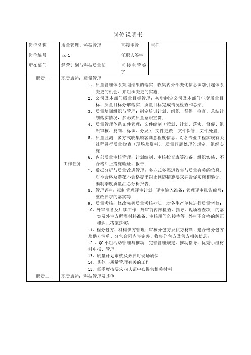 (岗位职责)质量管理科技管理岗位说明书