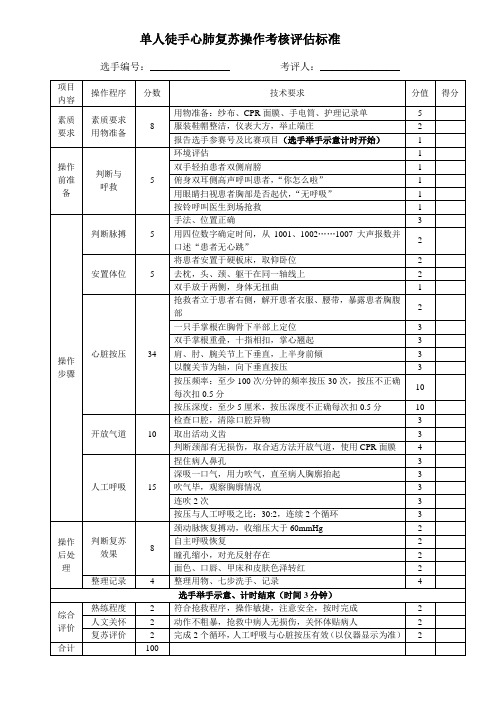 单人徒手心肺复苏操作考核评估标准