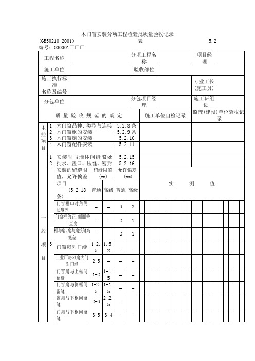 木门窗安装分项工程检验批质量验收记录