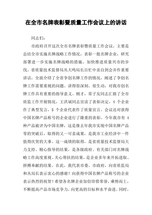 在全市名牌表彰暨质量工作会议上的讲话