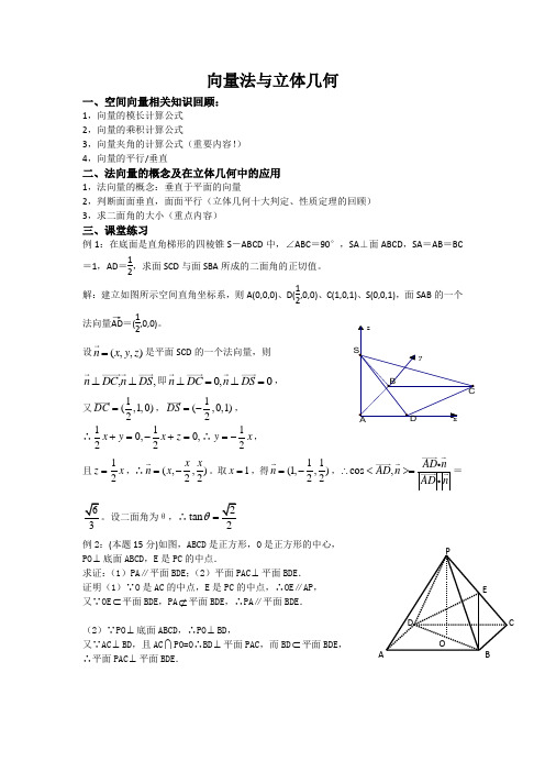 高二数学第一次课向量法与立体几何练习题