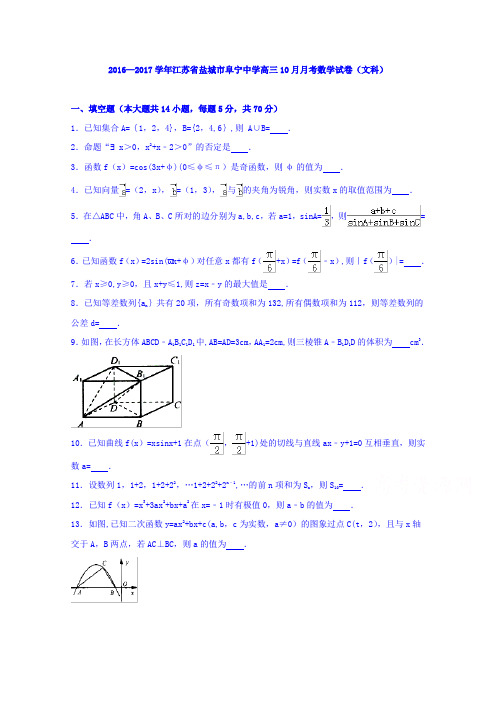 江苏省盐城市阜宁中学2017届高三10月月考数学文试卷 含解析