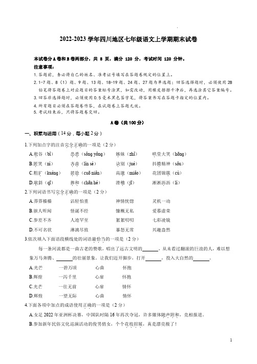 2022-2023学年四川地区七年级语文上学期期末试卷附答案解析