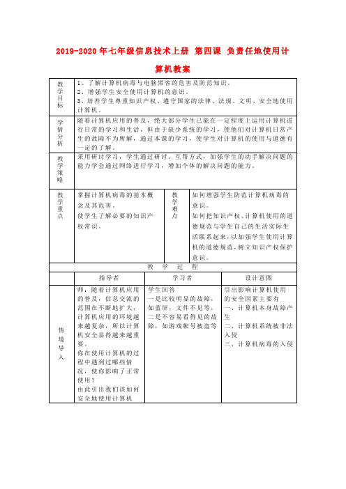 2019-2020年七年级信息技术上册 第四课 负责任地使用计算机教案