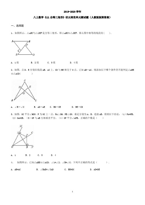 八上数学《第12章.全等三角形》状元培优单元测试题(人教版版附答案)