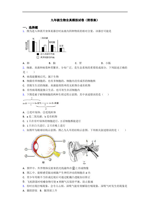 九年级生物全真模拟试卷(附答案)