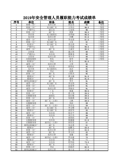 2019年安全管理人员履职能力考试成绩单 -排序