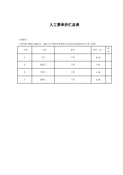 人工费单价汇总表