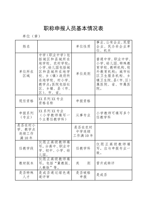 职称申报人员基本情况表(材料袋封面)