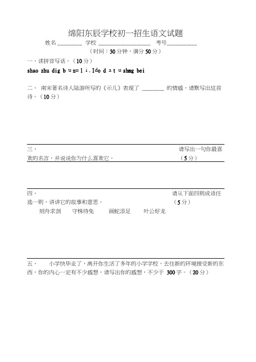 小升初语文东辰学校招生语文试题