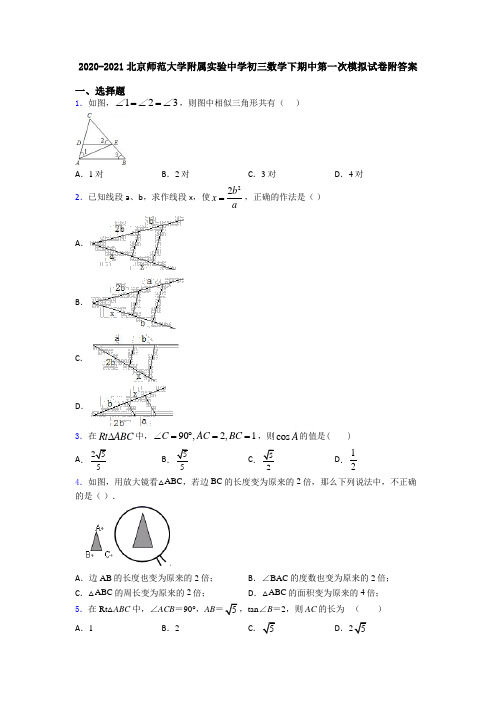 2020-2021北京师范大学附属实验中学初三数学下期中第一次模拟试卷附答案