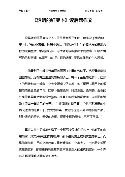 《透明的红萝卜》读后感作文作文【高中高一800字】