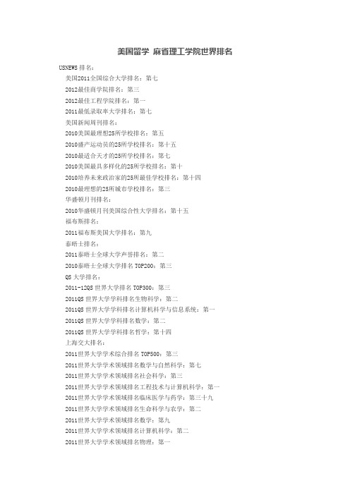 美国留学 麻省理工学院世界排名