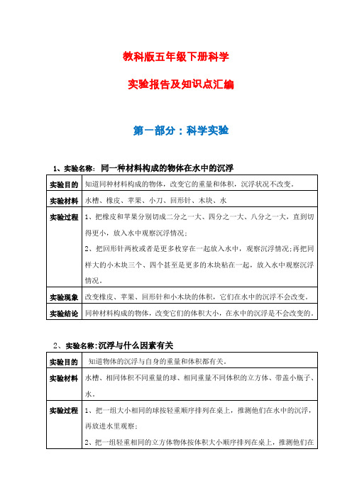 教科版小学五年级下册科学实验报告及知识点全册