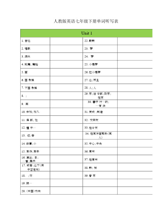 新人教版英语七年级下册单词听写表