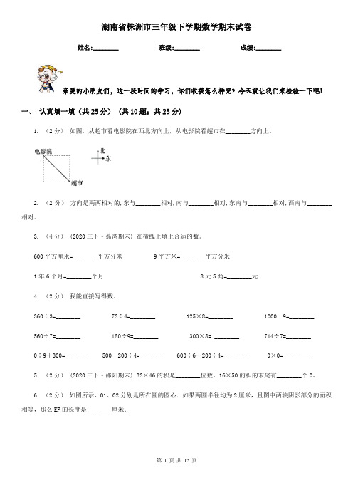 湖南省株洲市三年级下学期数学期末试卷