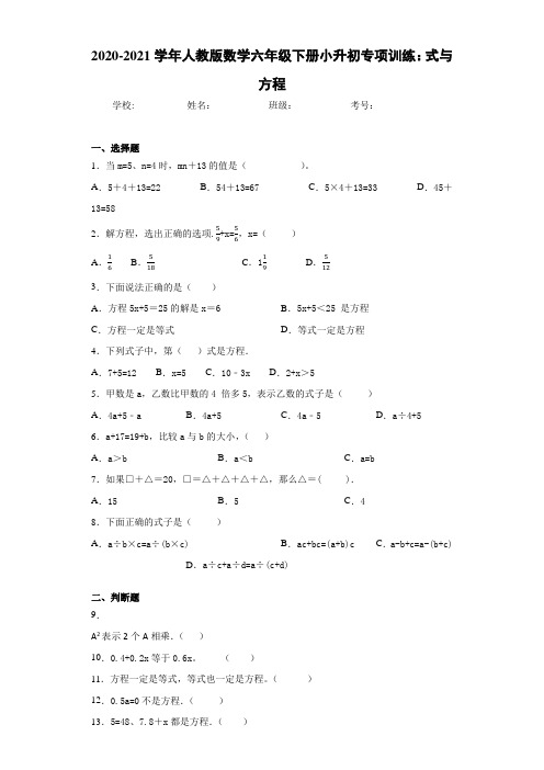 2020-2021学年人教版数学六年级下册小升初专项训练：式与方程