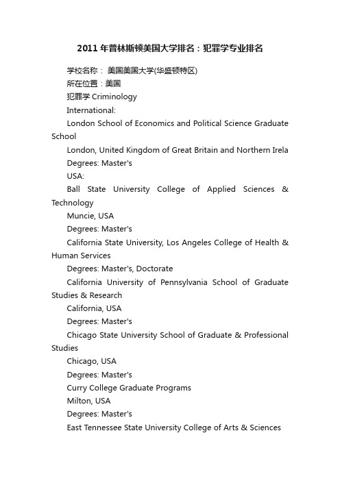 2011年普林斯顿美国大学排名：犯罪学专业排名