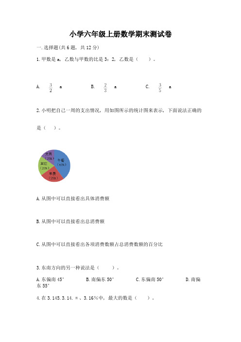 小学六年级上册数学期末测试卷精选答案