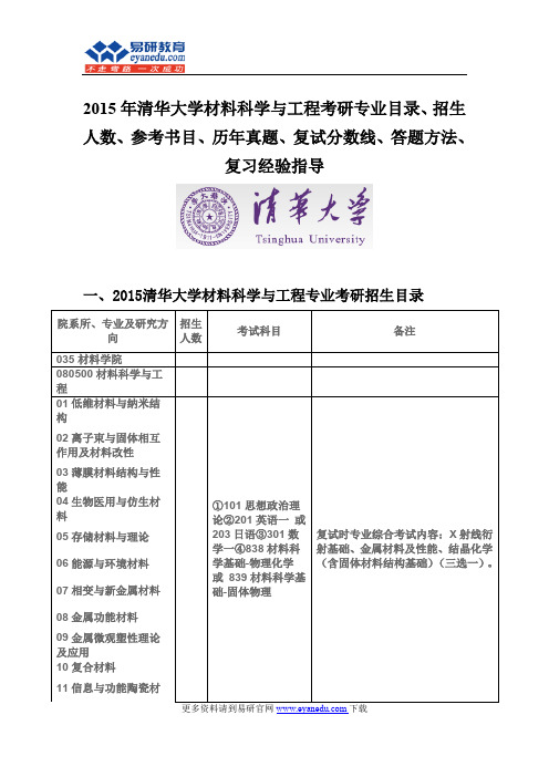 2015清华大学材料科学与工程(材料学院)考研专业目录招生人数参考书目历年真题复试分数线答题方法