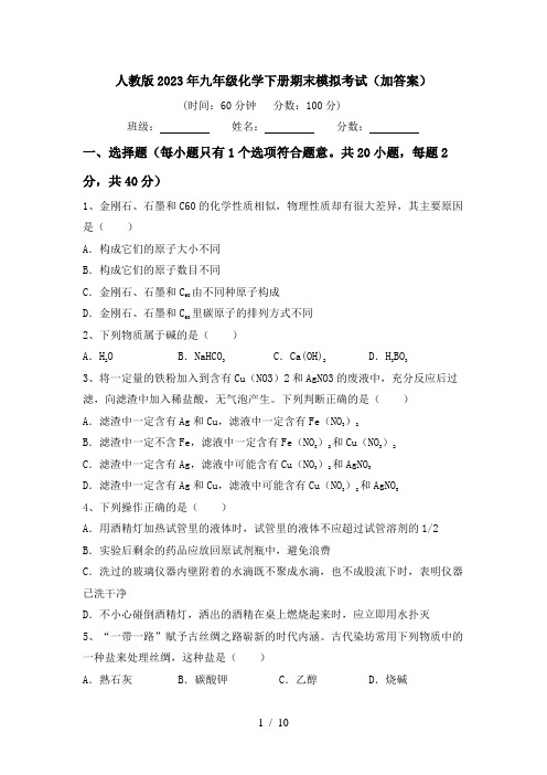 人教版2023年九年级化学下册期末模拟考试(加答案)