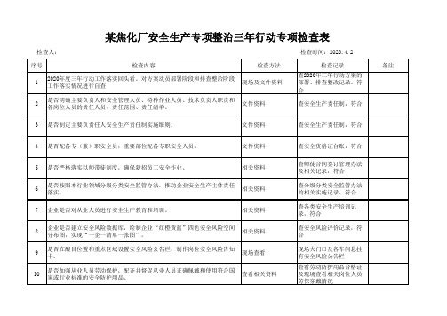 某焦化厂安全生产专项整治三年行动专项检查表