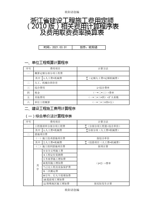 浙江省建设工程施工费用定额(版)相关费用计算程序表及费用取费费率换算表之欧阳语创编