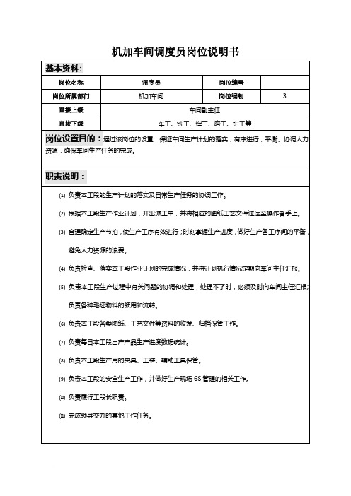 机加工车间岗位说明书范文