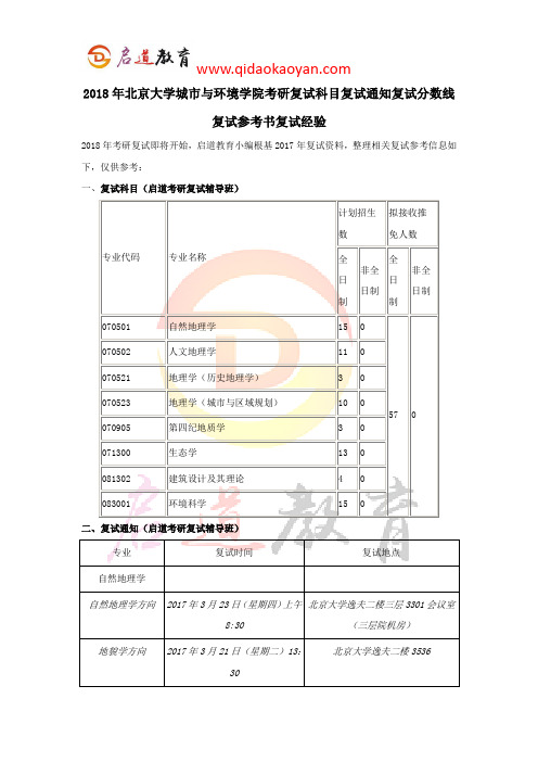 2018年北京大学城市与环境学院考研复试科目复试通知复试分数线复试参考书复试经验