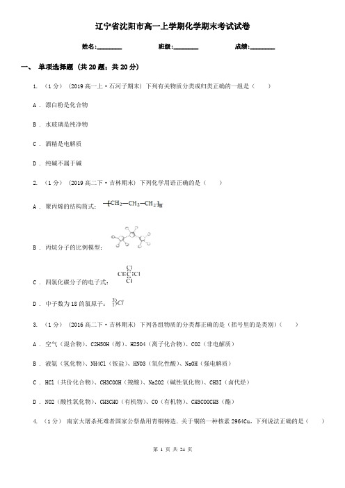 辽宁省沈阳市高一上学期化学期末考试试卷