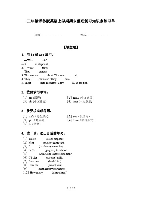 三年级译林版英语上学期期末整理复习知识点练习单