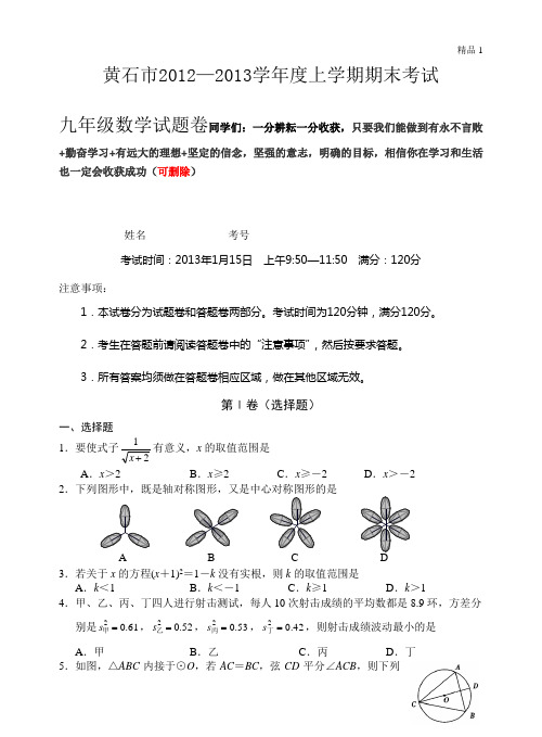 黄石市2012年秋季期末考试九年级数学试卷 (3)