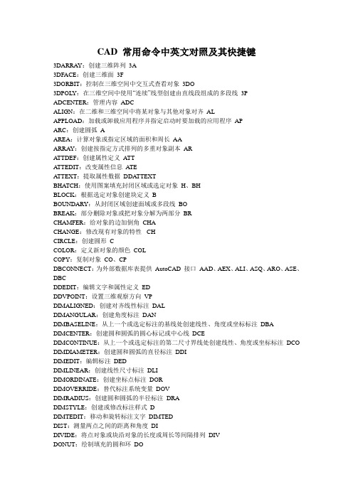 CAD 常用命令中英文对照及其快捷键