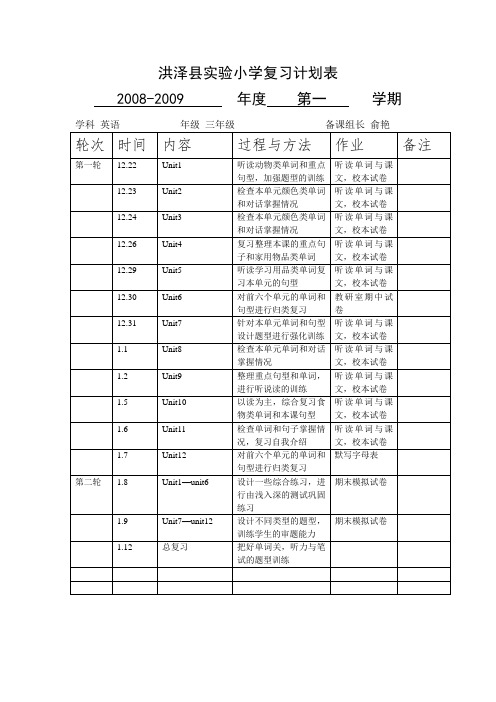 小学复习计划表三年级英语