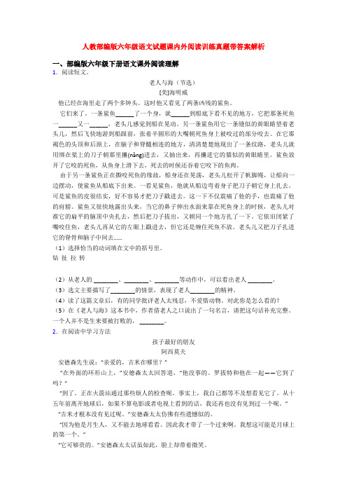 人教部编版六年级语文试题课内外阅读训练真题带答案解析