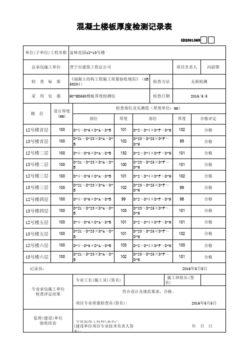 混凝土楼板厚度检测记录表(范例)