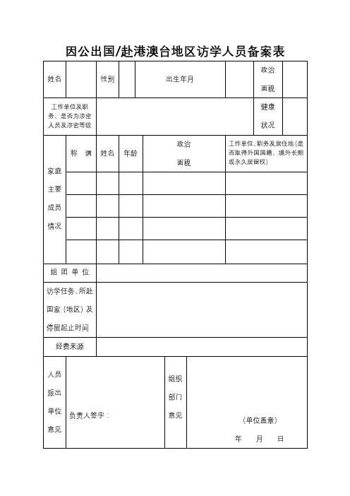 因公出国赴港澳台地区访学人员备案表【模板】